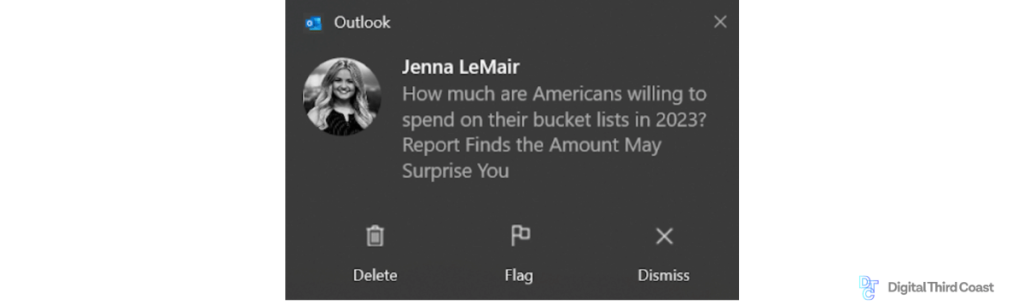 Outlook preview of an email: "How much are Americans willing to spend on their bucket lists in 2023"